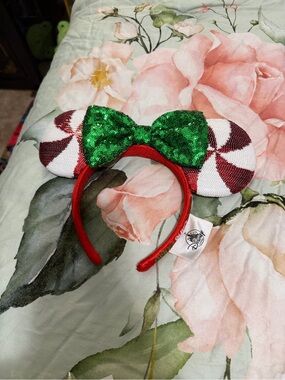 Disney Red, Green & White Peppermint Sequin Minnie Ears Headband